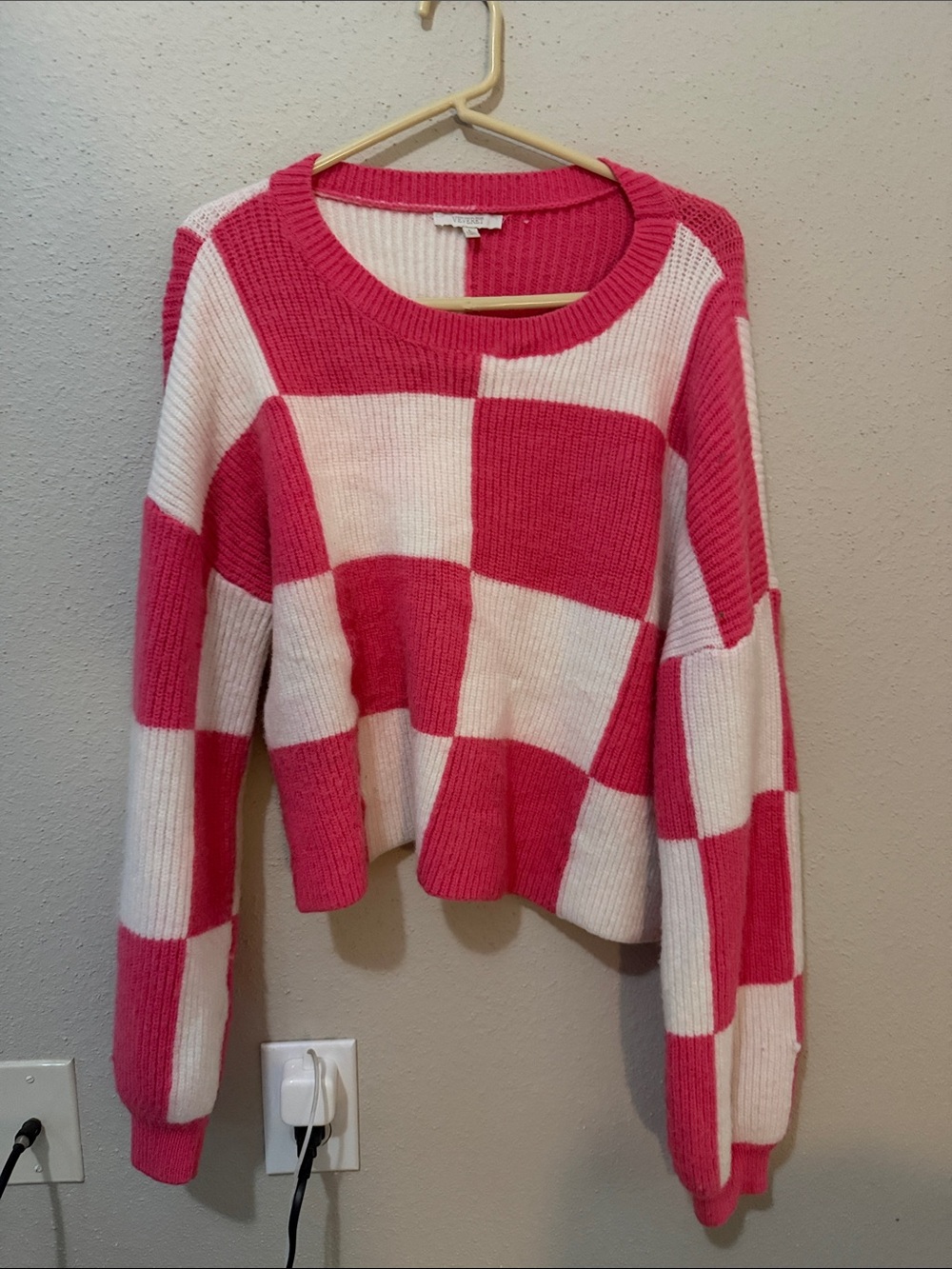 Pink & White Checkerboard Crewneck Sweater
